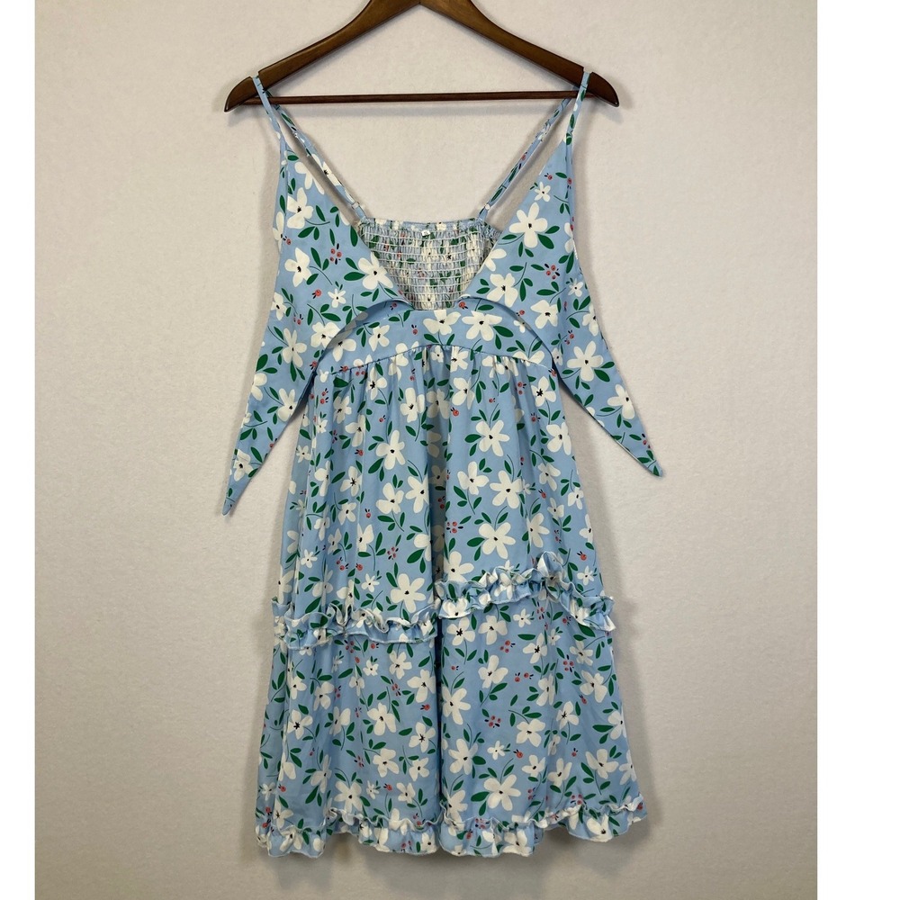 Floral‎ Ruffle Mini Dress Womens Small Blue Smocked Back Sleeveless